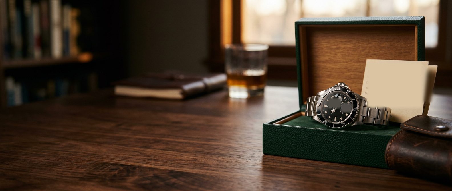 Pre-owned steel dive watch in its box with the warranty card, on a walnut desk